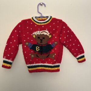 HAND KNIT Sleepy Bear Handmade Retro Vintage Kids Sweater, Red- Size 2T